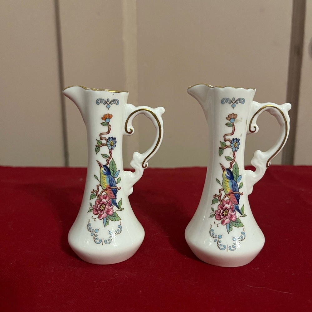 White Porcelain Floral milk  Pitcher  with Gold Trim and Multicolor Bird Design